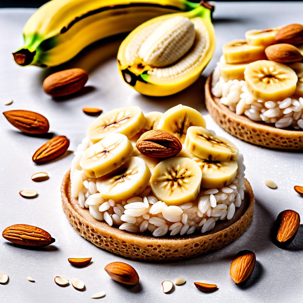 almond butter with banana slices on rice cakes