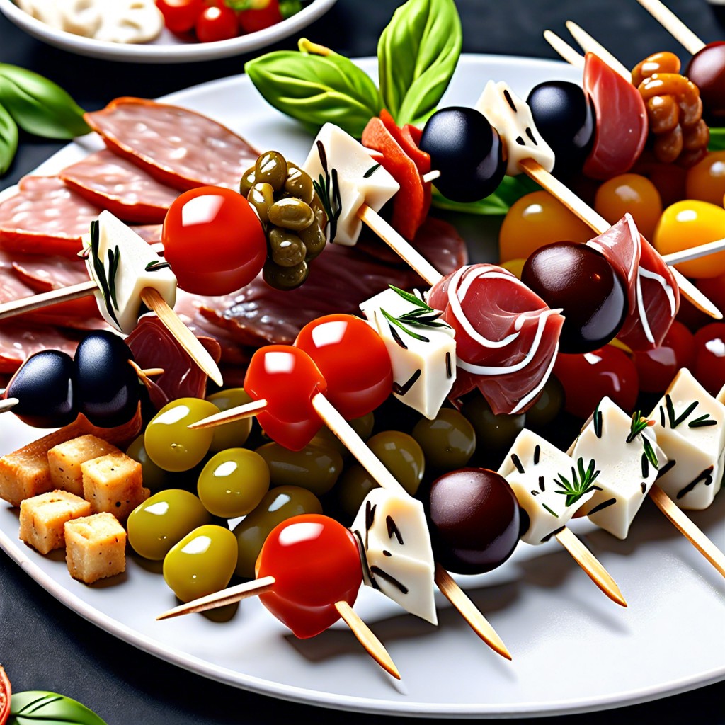 antipasto skewers salami mozzarella balls cherry tomatoes and artichoke hearts