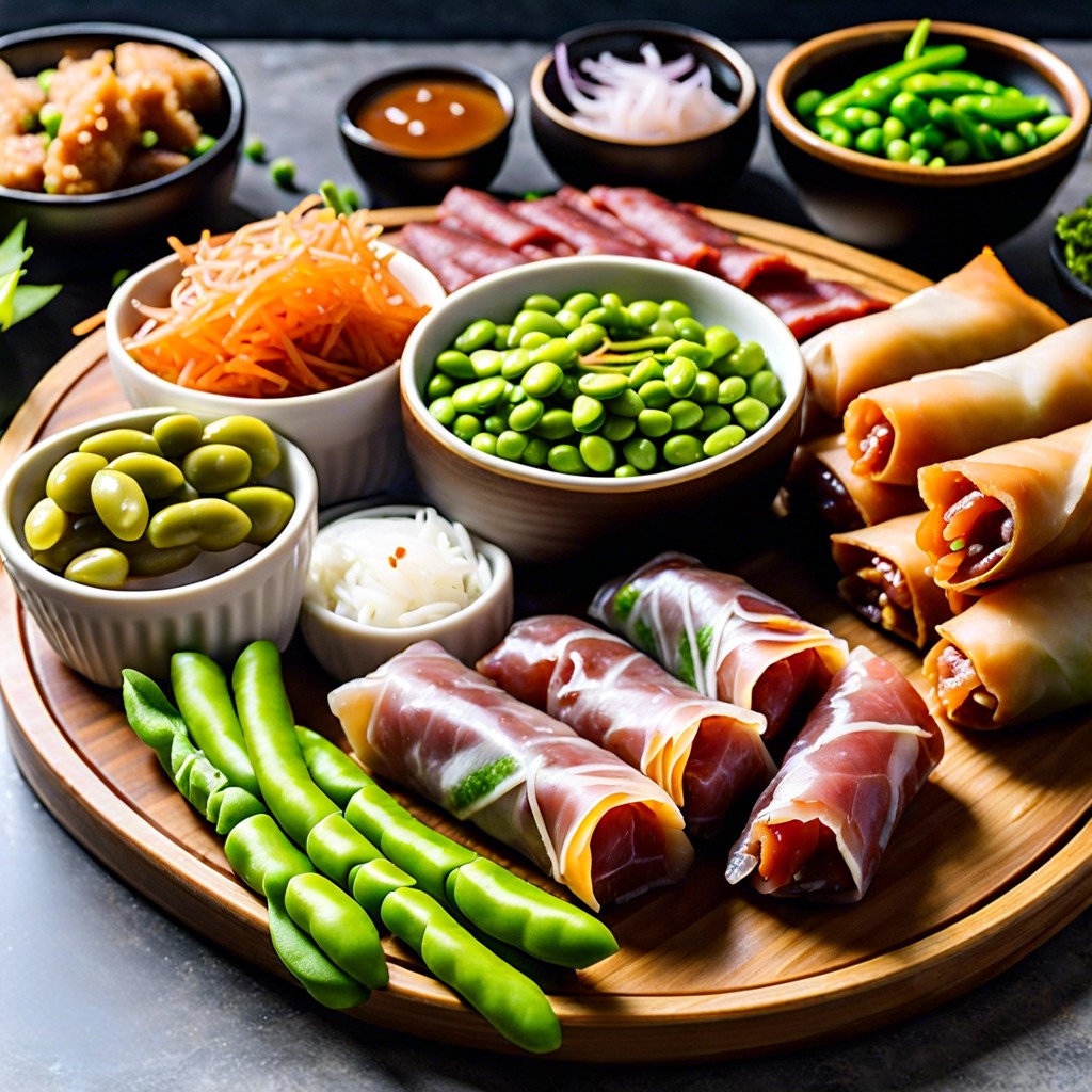 asian fusion charcuterie spring rolls edamame sticky rice