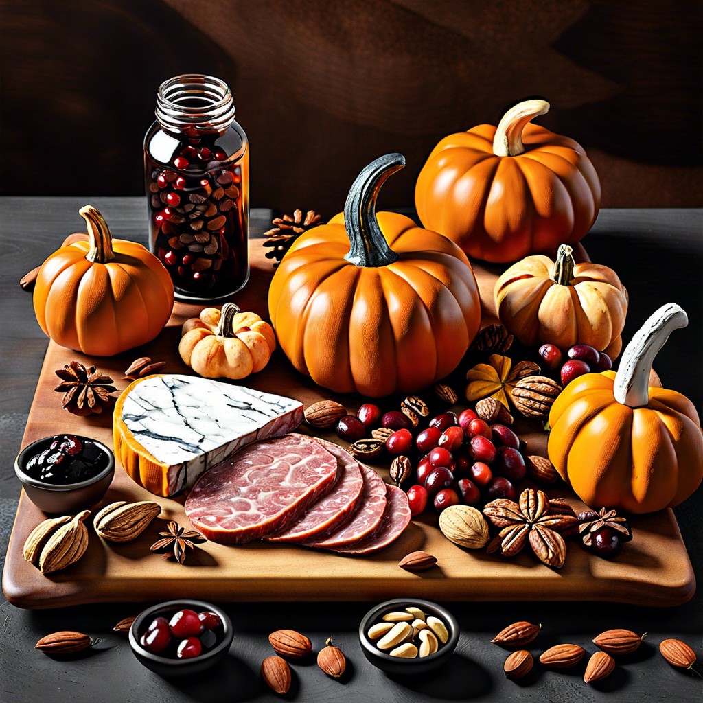 autumn themed board with pumpkins cranberries and nuts