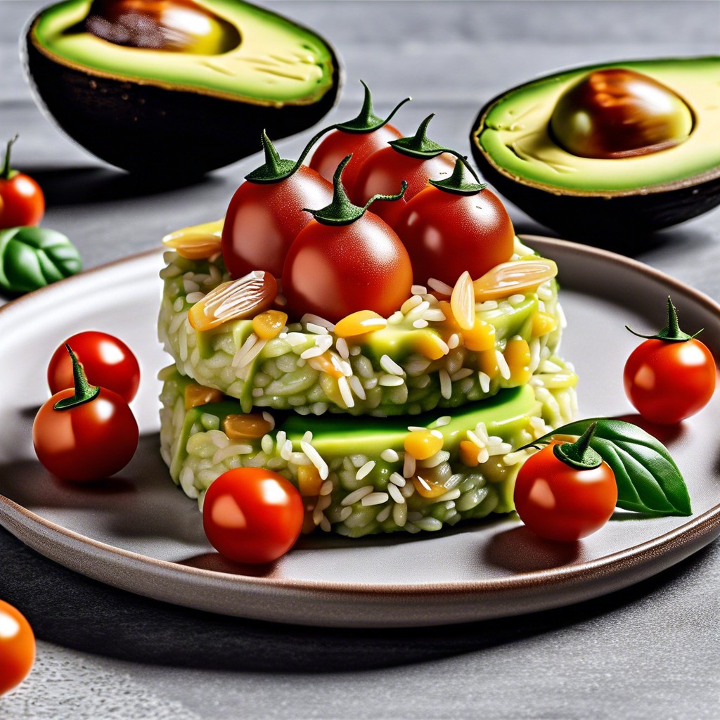 avocado rice cakes topped with cherry tomatoes