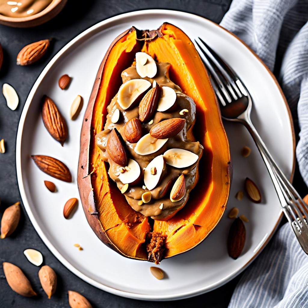 baked sweet potato filled with almond butter