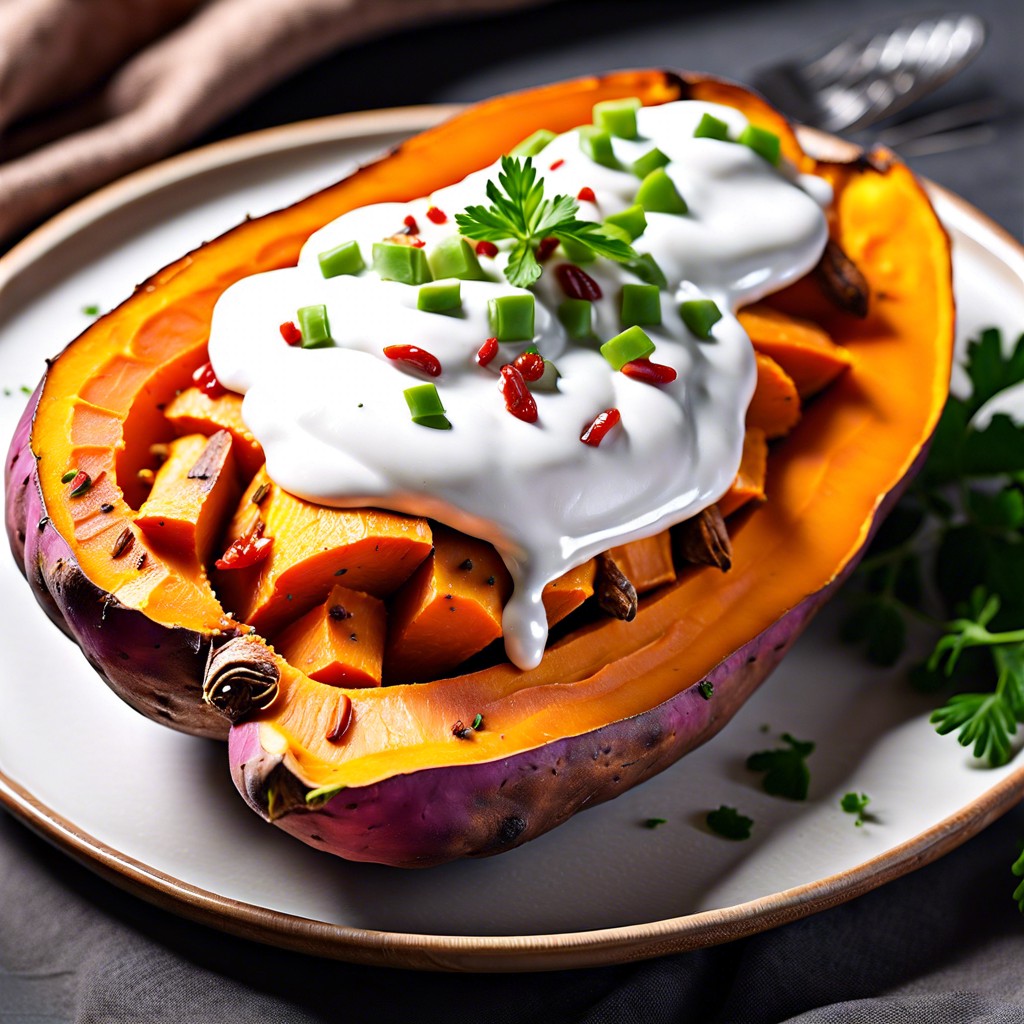 baked sweet potatoes topped with spicy yogurt