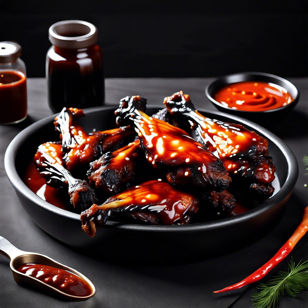 bat wings black dyed chicken wings with a spicy sauce