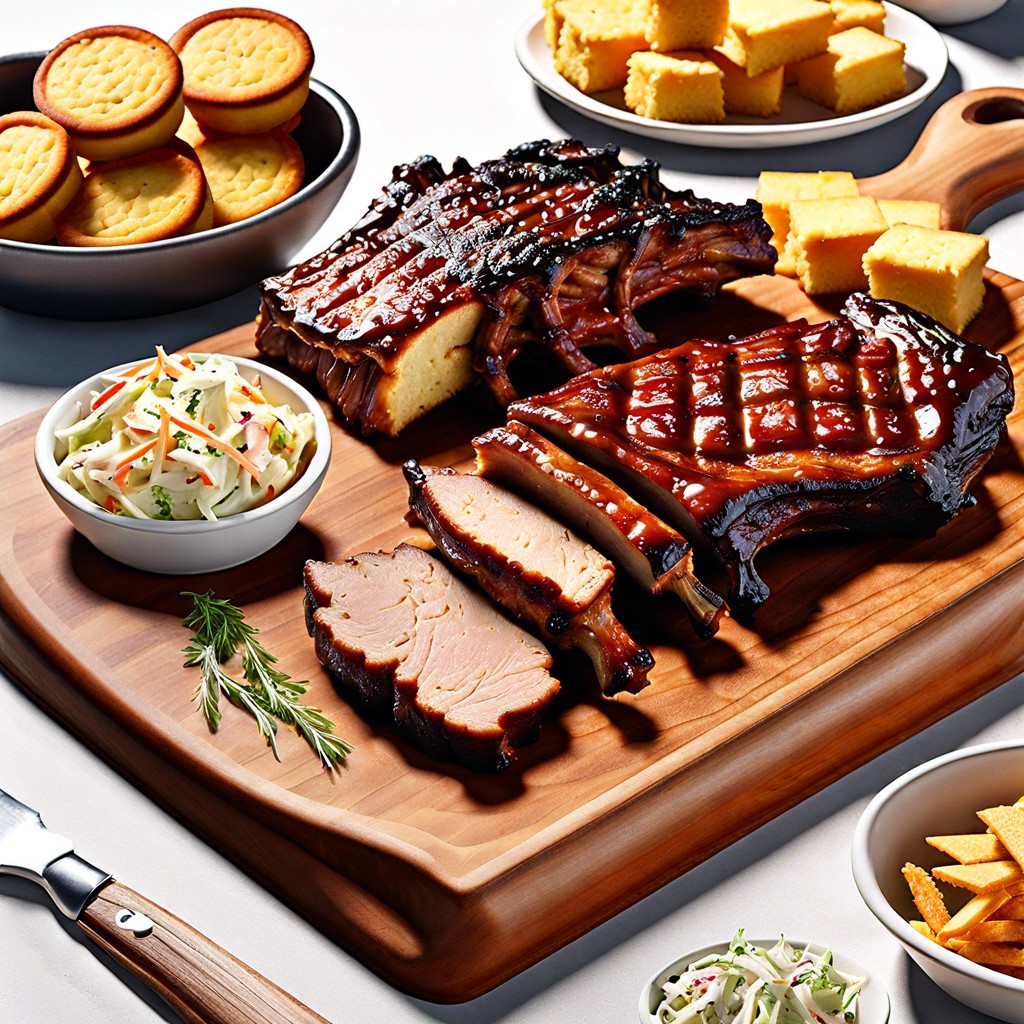 bbq board with ribs coleslaw and mini cornbread