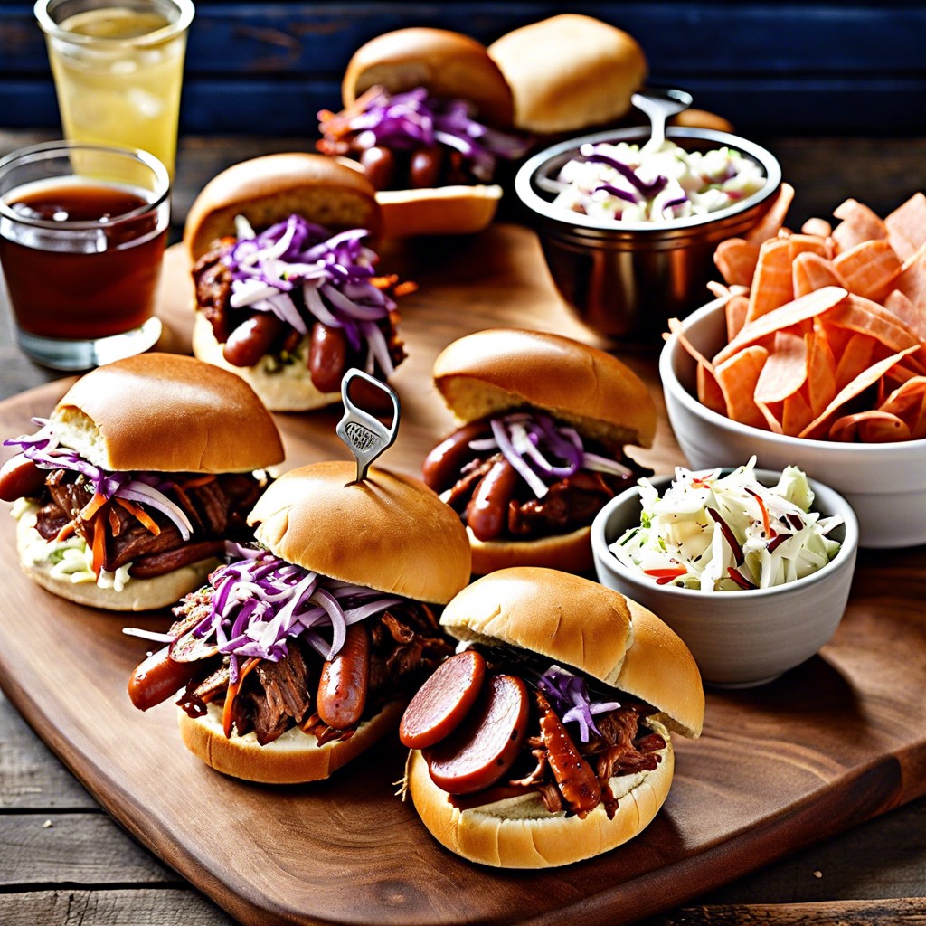 bbq board with smoked sausage pulled pork sliders and coleslaw