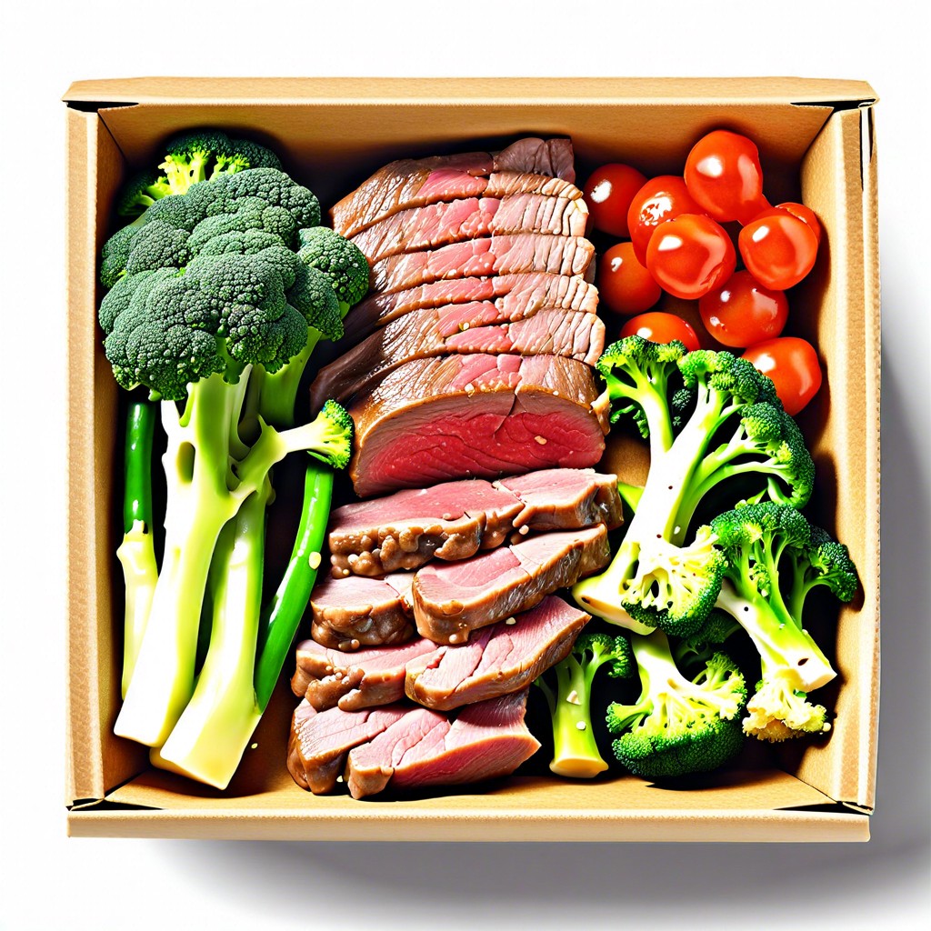 beef amp broccoli box thinly sliced beef steamed broccoli almond slices soy sauce dip
