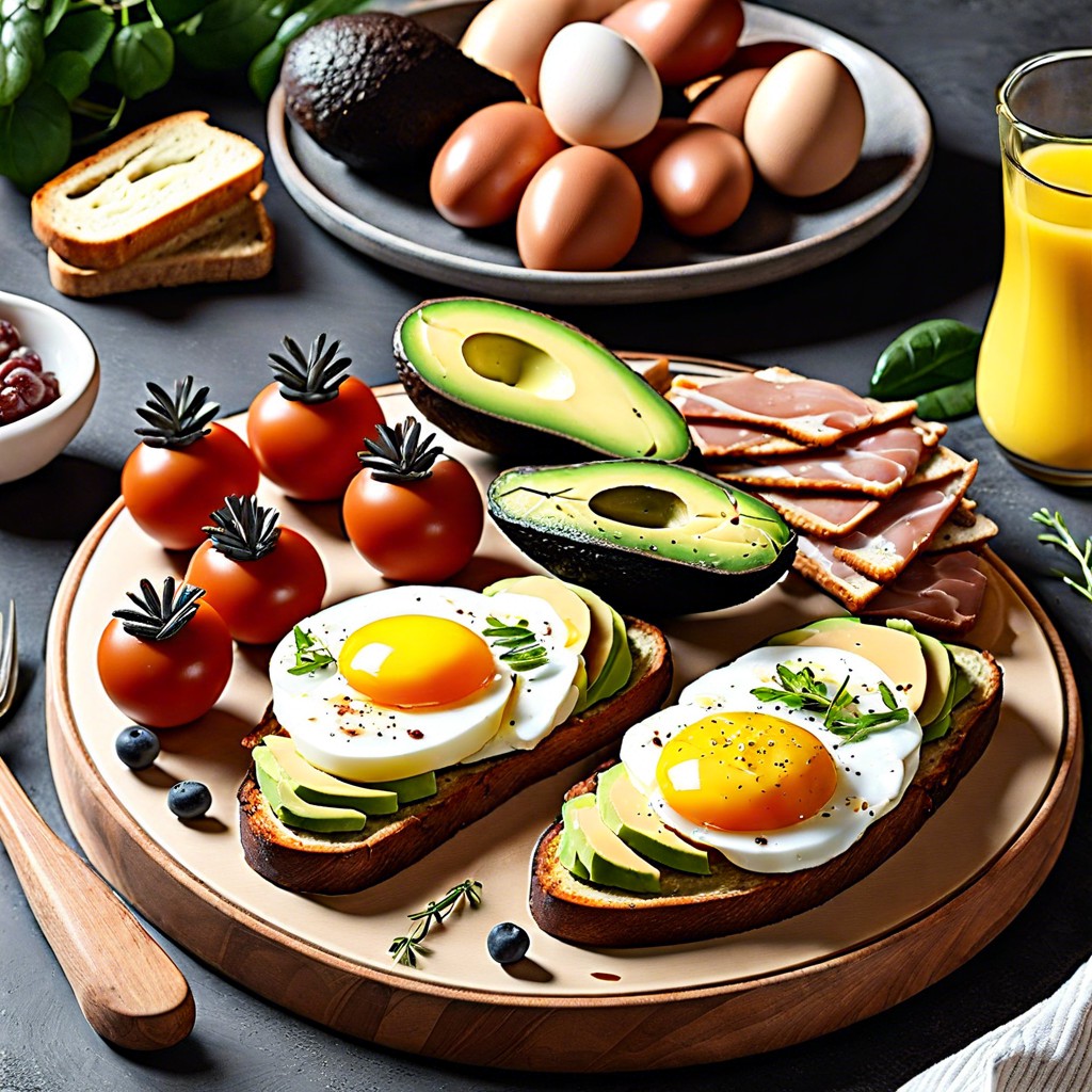 bite sized avocado toasts poached eggs radish slices