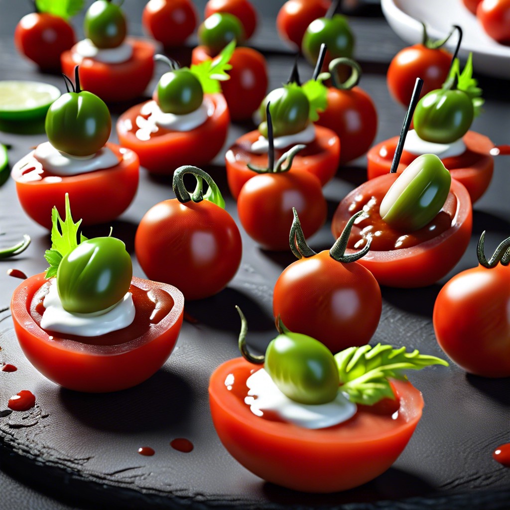 bloody mary tomato bites with celery and vodka spritz