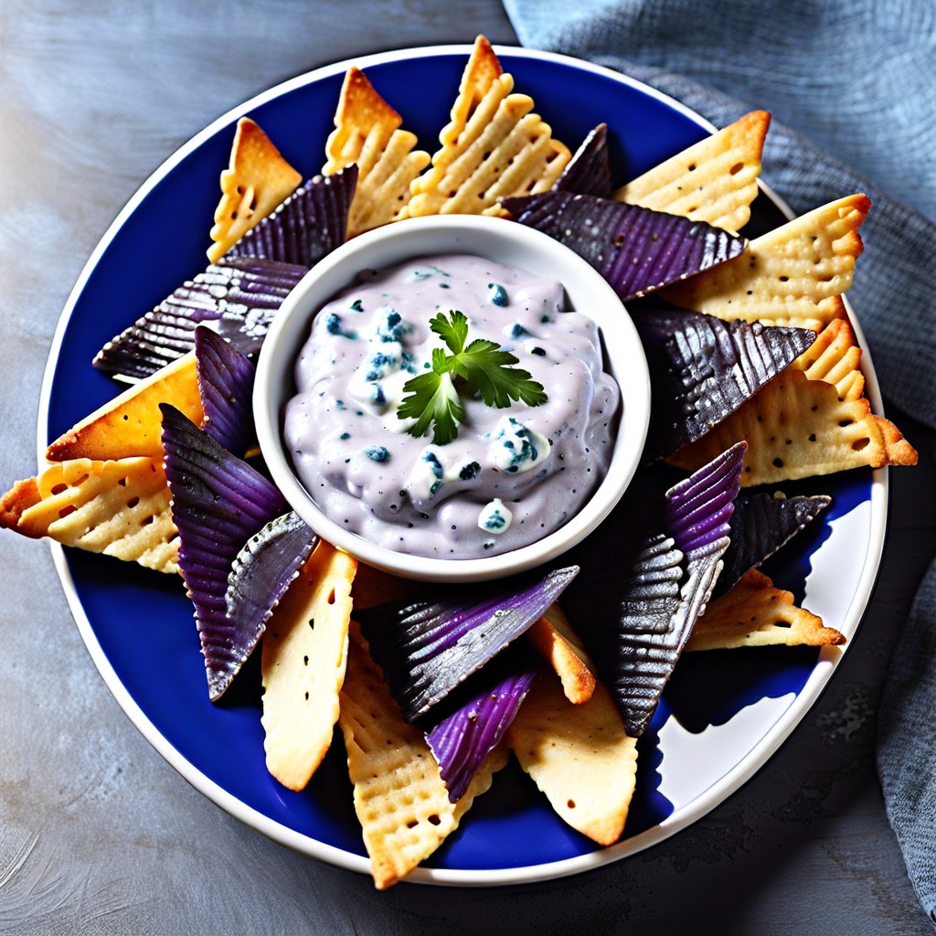 blue corn nachos with blue cheese dip