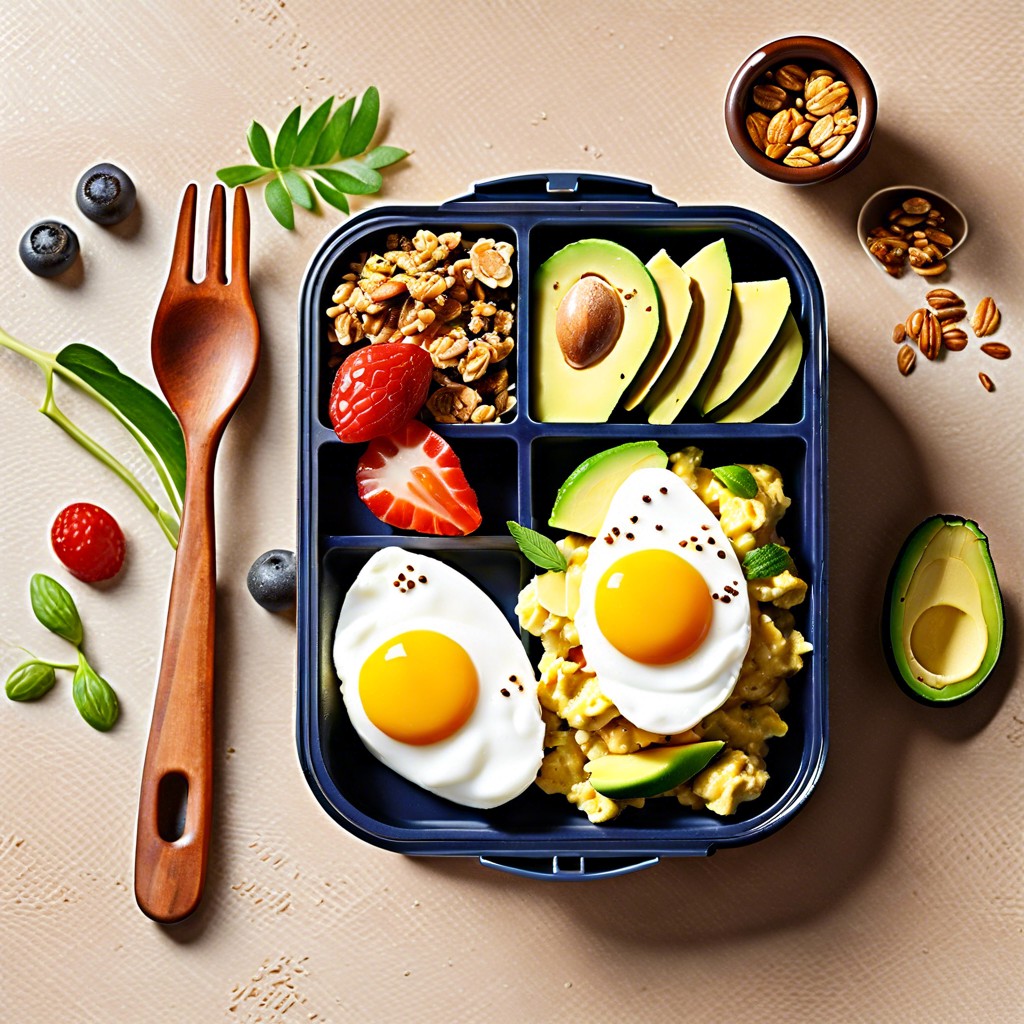 breakfast bento scrambled eggs avocado slices granola and yogurt