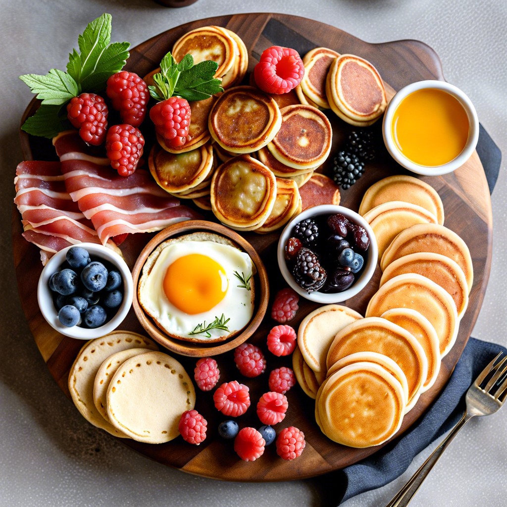 breakfast board mini pancakes bacon strips maple syrup fresh berries and yogurt