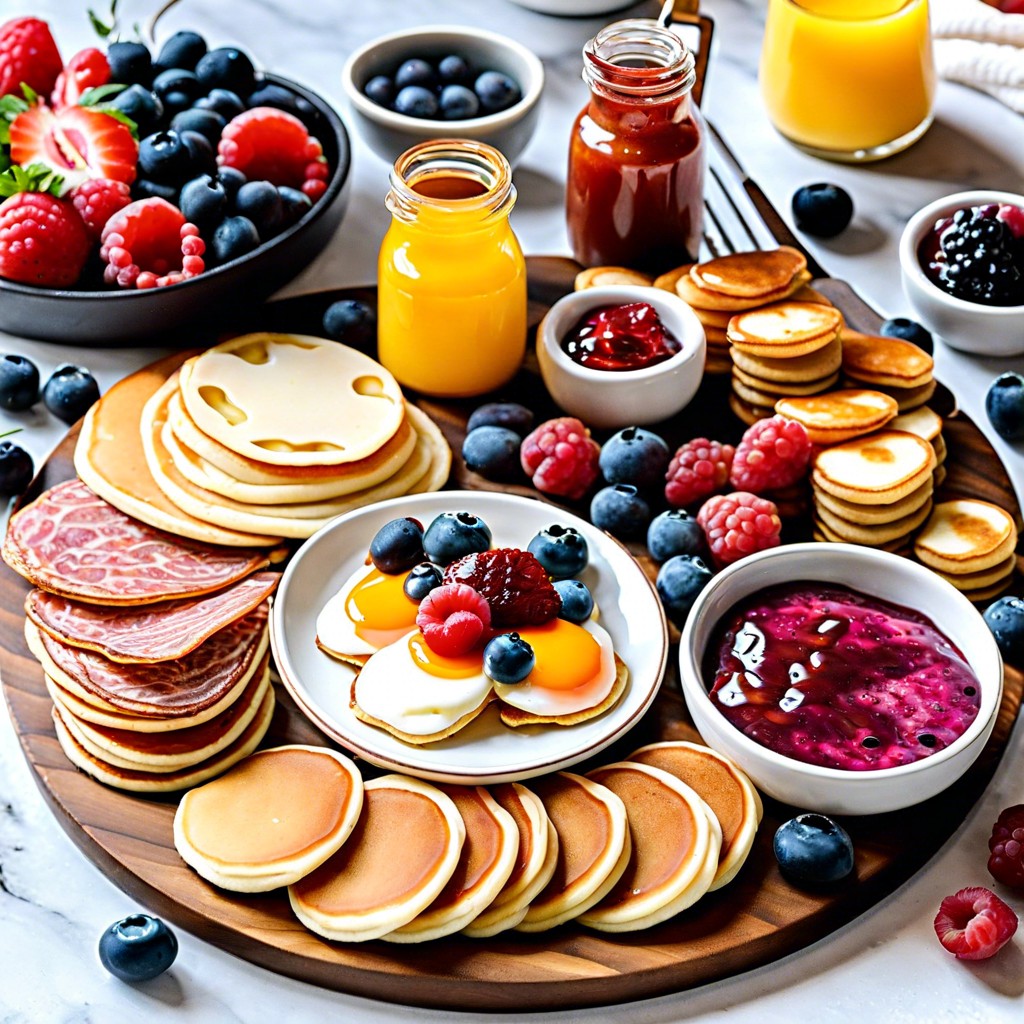 breakfast board mini pancakes berries bacon and maple syrup