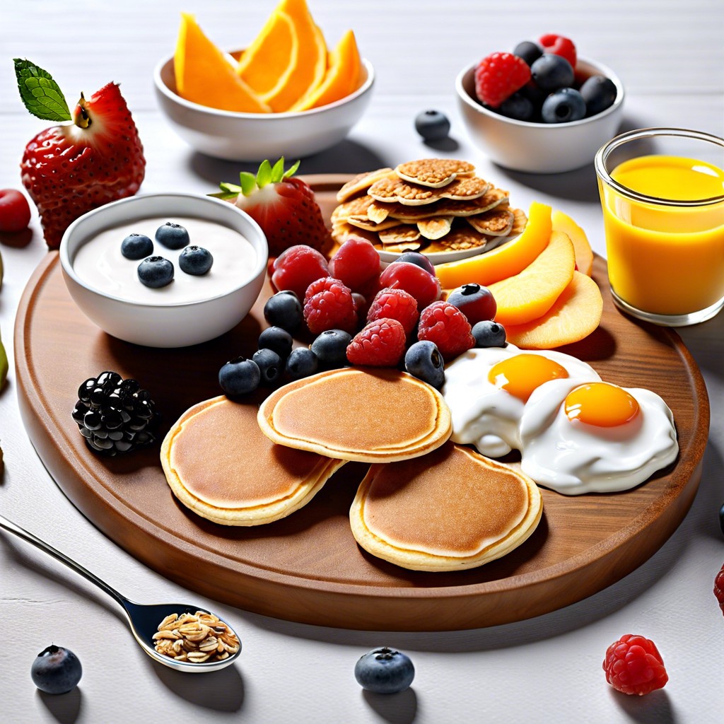 breakfast board mini pancakes fruit yogurt granola