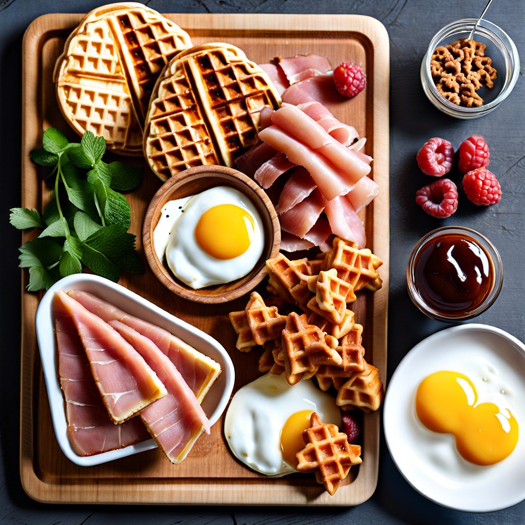 breakfast board smoked ham mini waffles maple syrup strawberries cream cheese