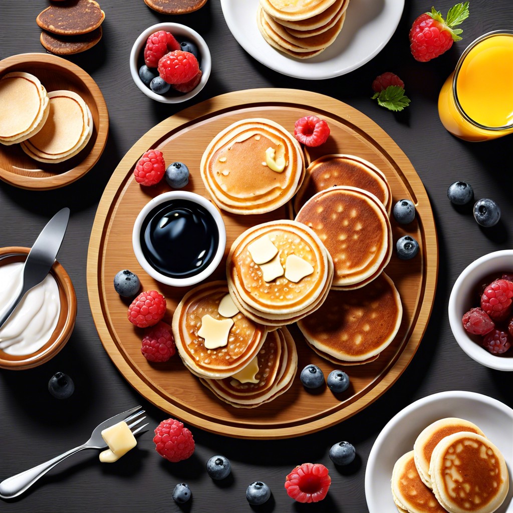 breakfast board with mini pancakes jams and fresh fruits