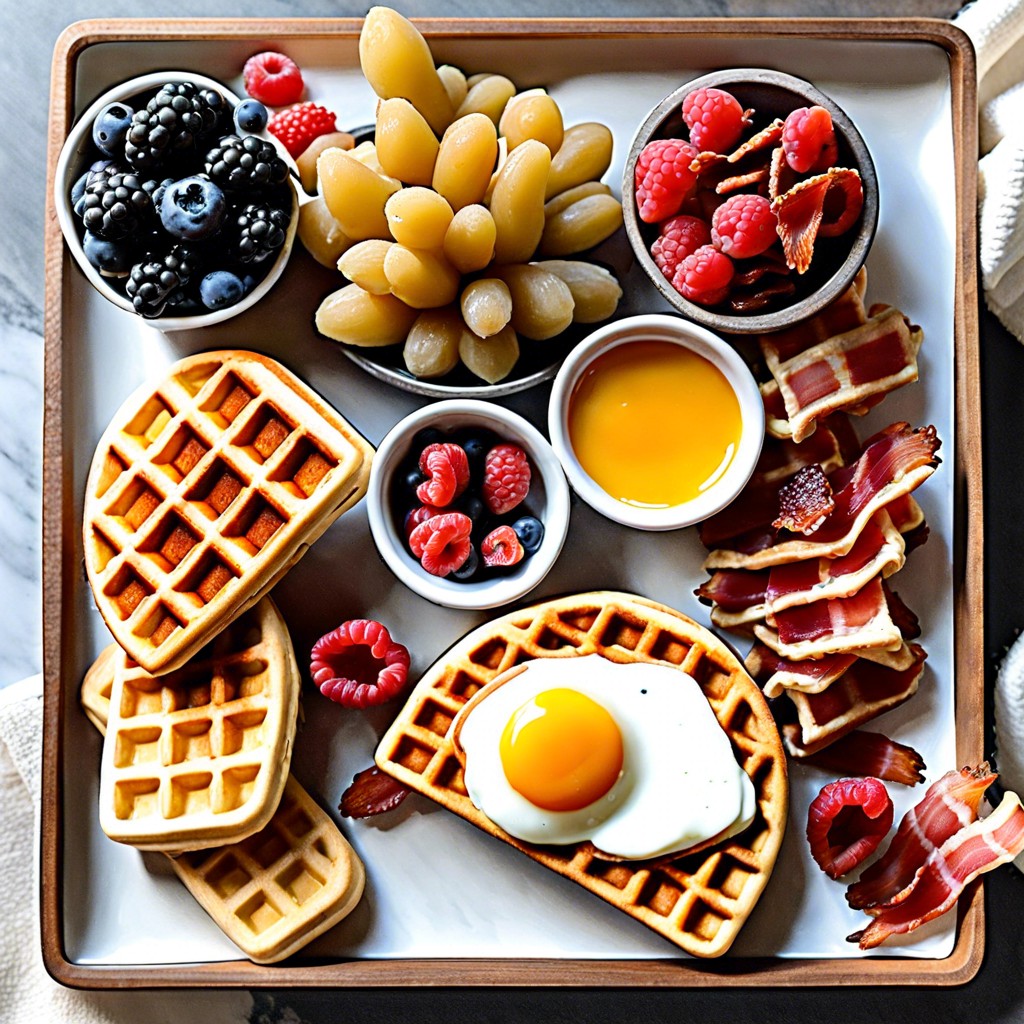 breakfast board with mini waffles assorted berries and bacon strips