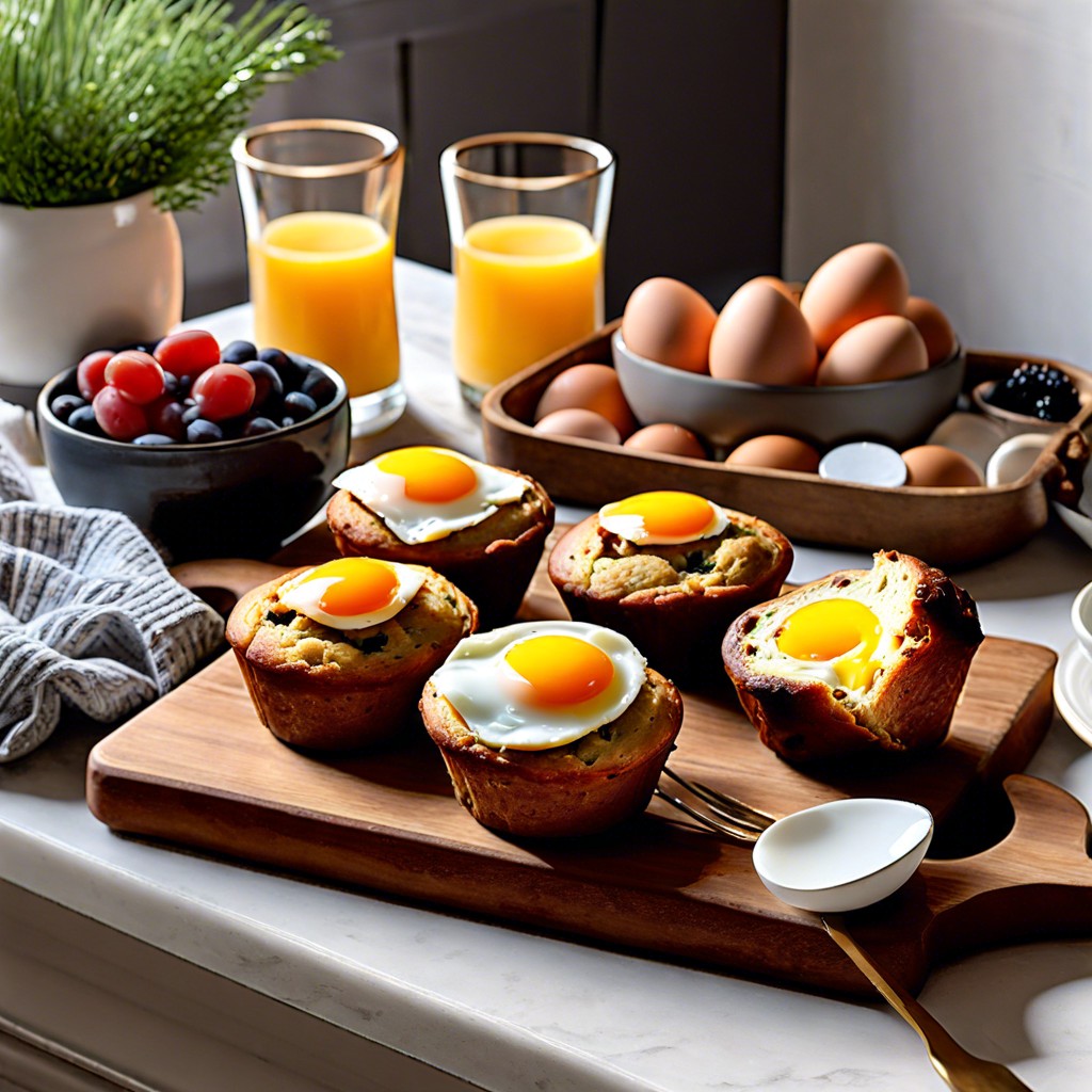 breakfast board with muffins and eggs