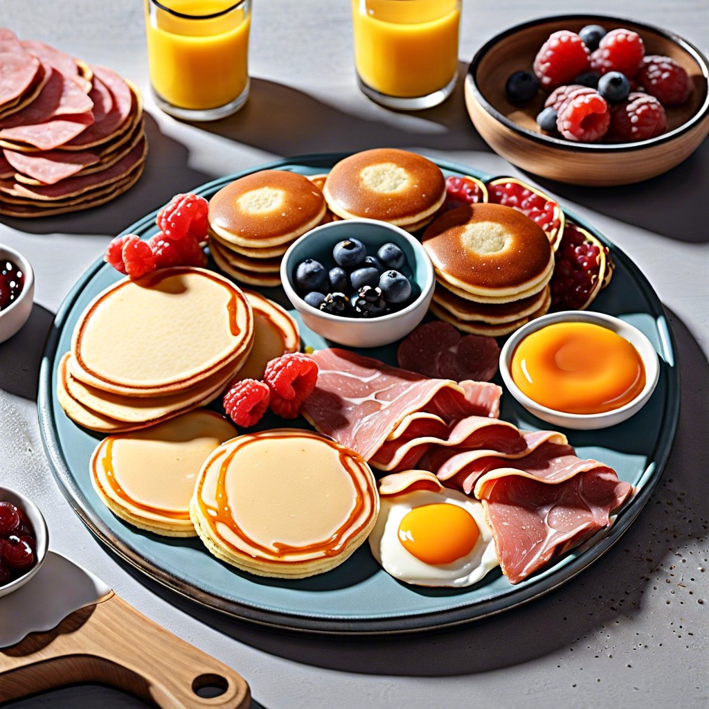 breakfast charcuterie with mini pancakes bacon fruit