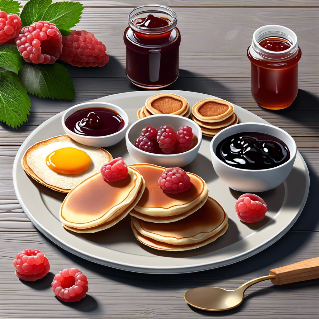 breakfast tray with mini pancakes and assorted jams