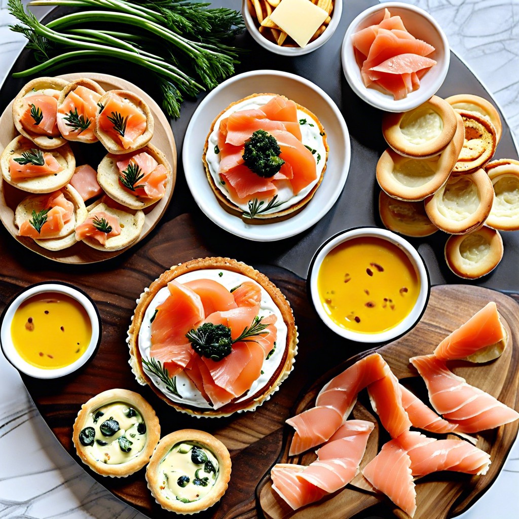 brunch board mini quiches smoked salmon cream cheese bagel chips