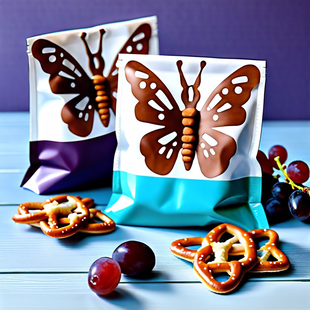 butterfly snack bags filled with grapes and pretzels
