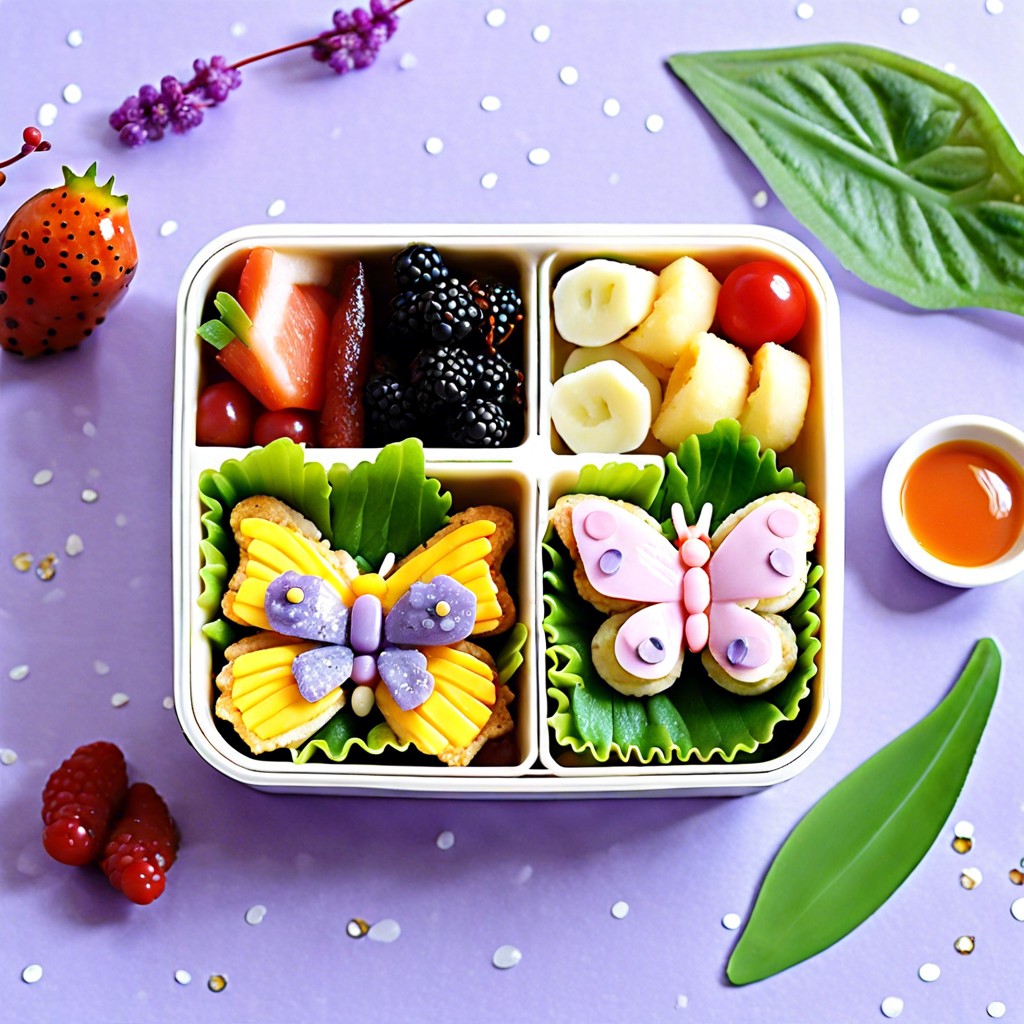butterfly themed bento box with themed foods