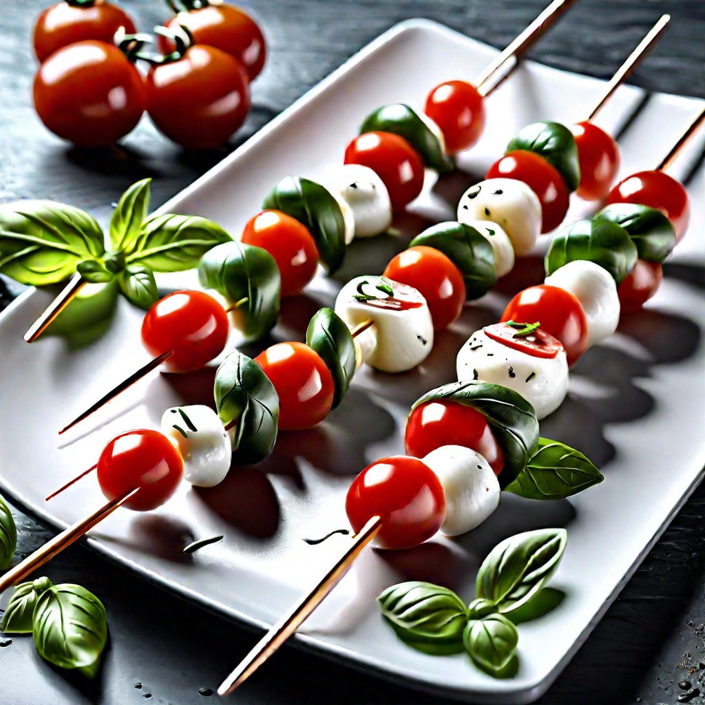 caprese skewers with cherry tomatoes mozzarella and basil