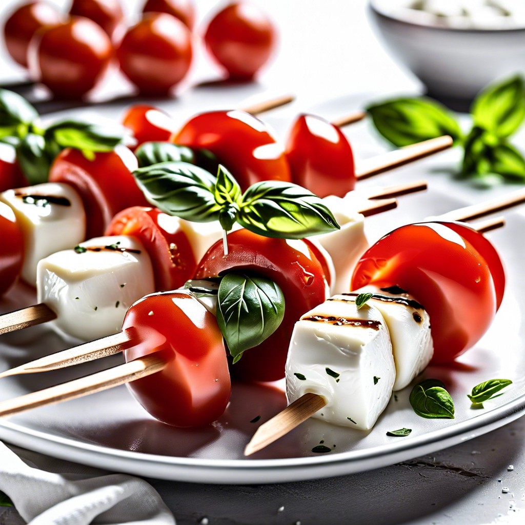 caprese skewers with cherry tomatoes mozzarella balls and fresh basil