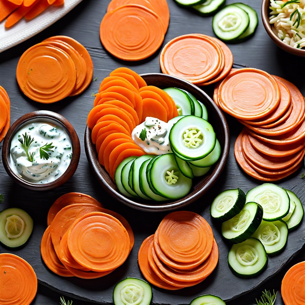 carrot and cucumber coins with tzatziki