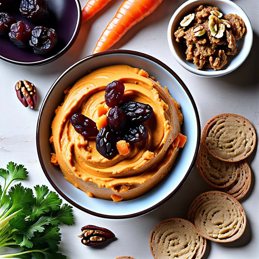 carrot hummus with raisin and walnut topping