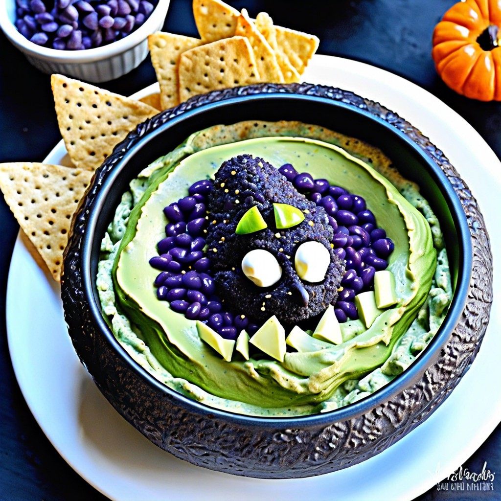 cauldron avocado dip make guacamole and serve in a small black bowl use blue corn chips to dip