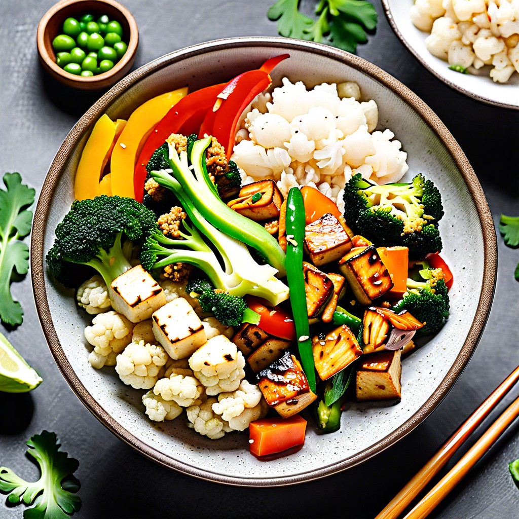 cauliflower rice stir fry with tofu and vegetables