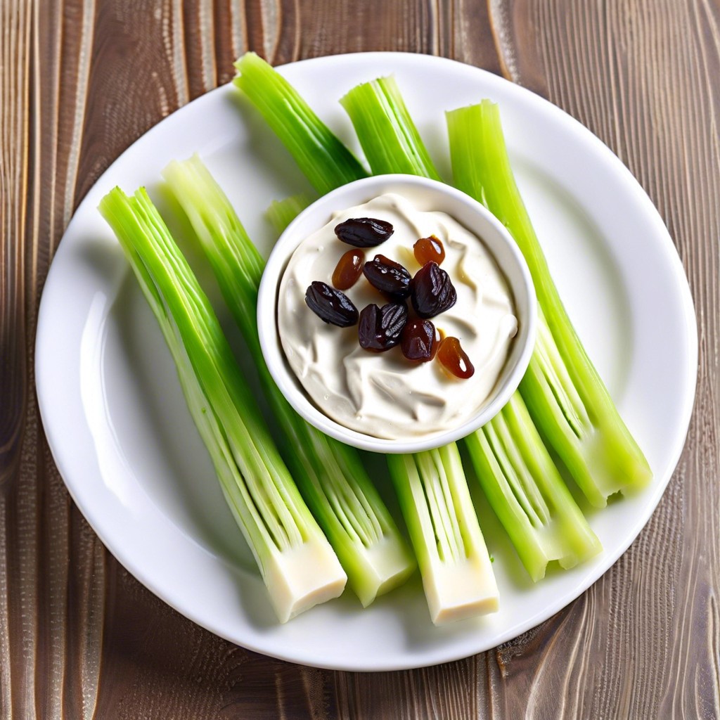 celery sticks with cream cheese and raisins