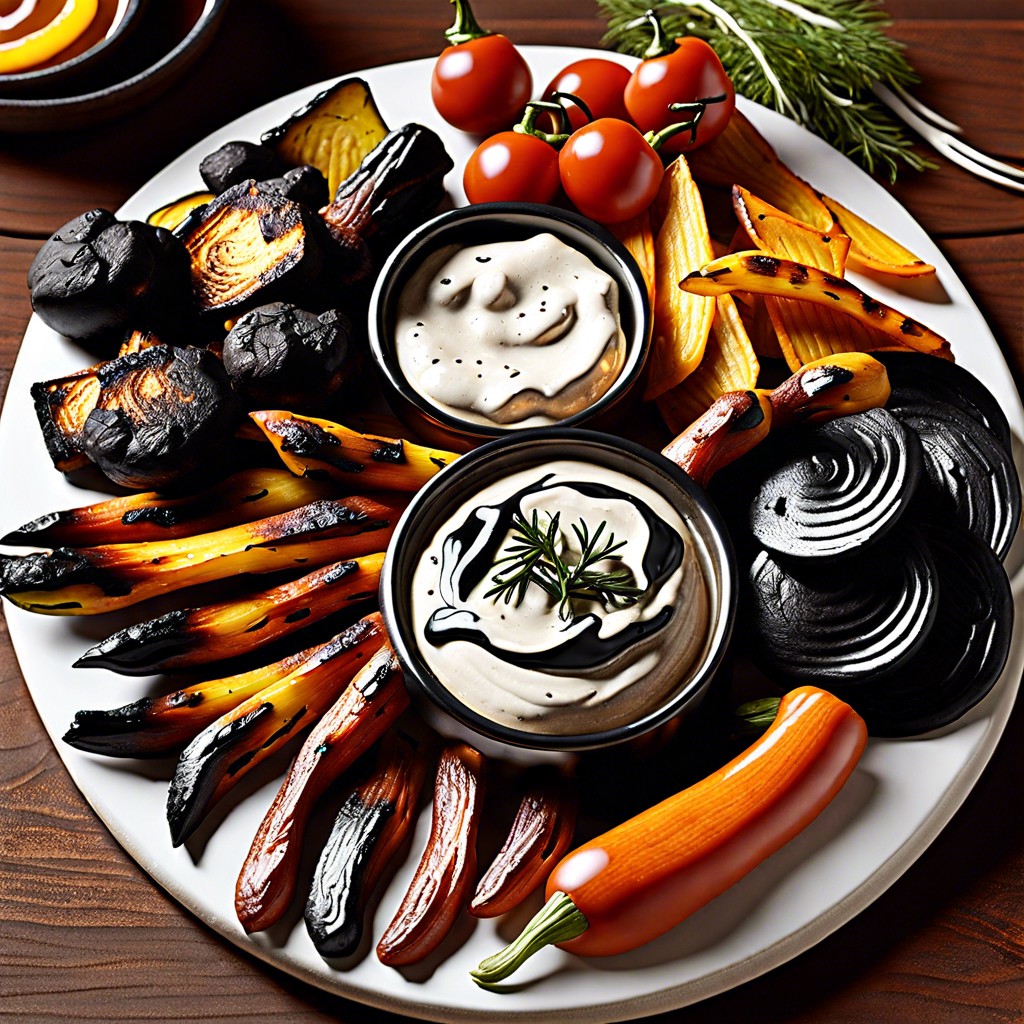 charred veggie platter with dip