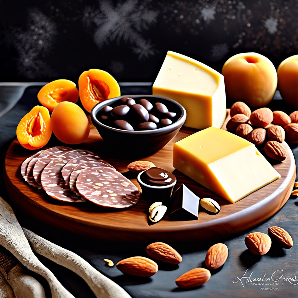 cheese and chocolate gouda dark chocolate squares almonds and dried apricots