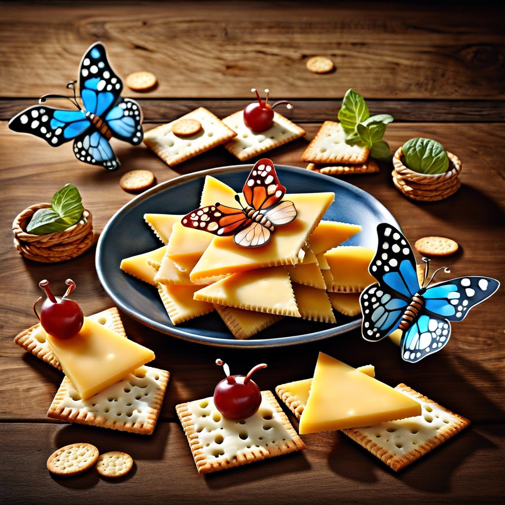 cheese and crackers arranged in butterfly layouts