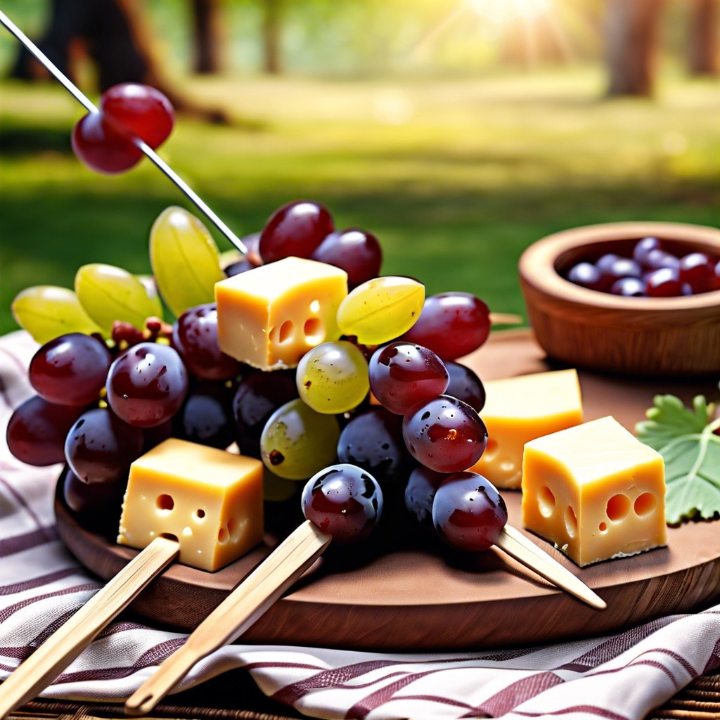 cheese cubes and grape skewers