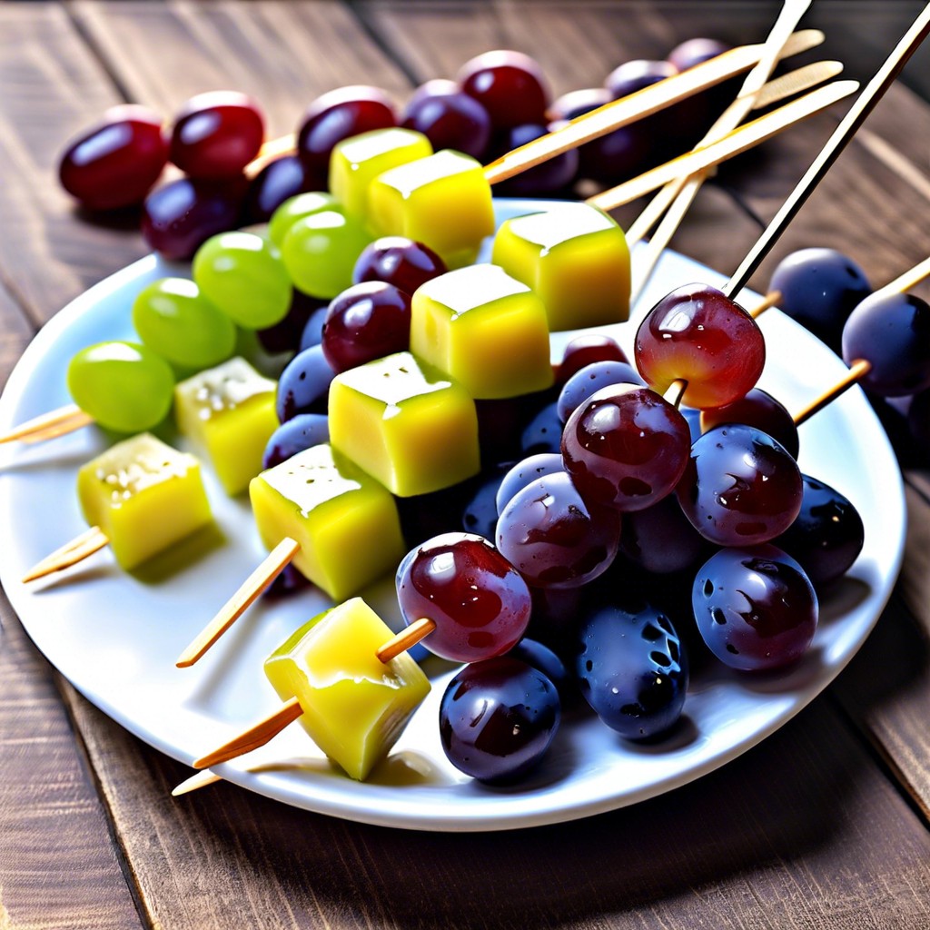 cheese cubes and grape skewers