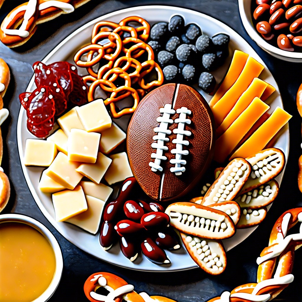 cheese football laces atop soft pretzels