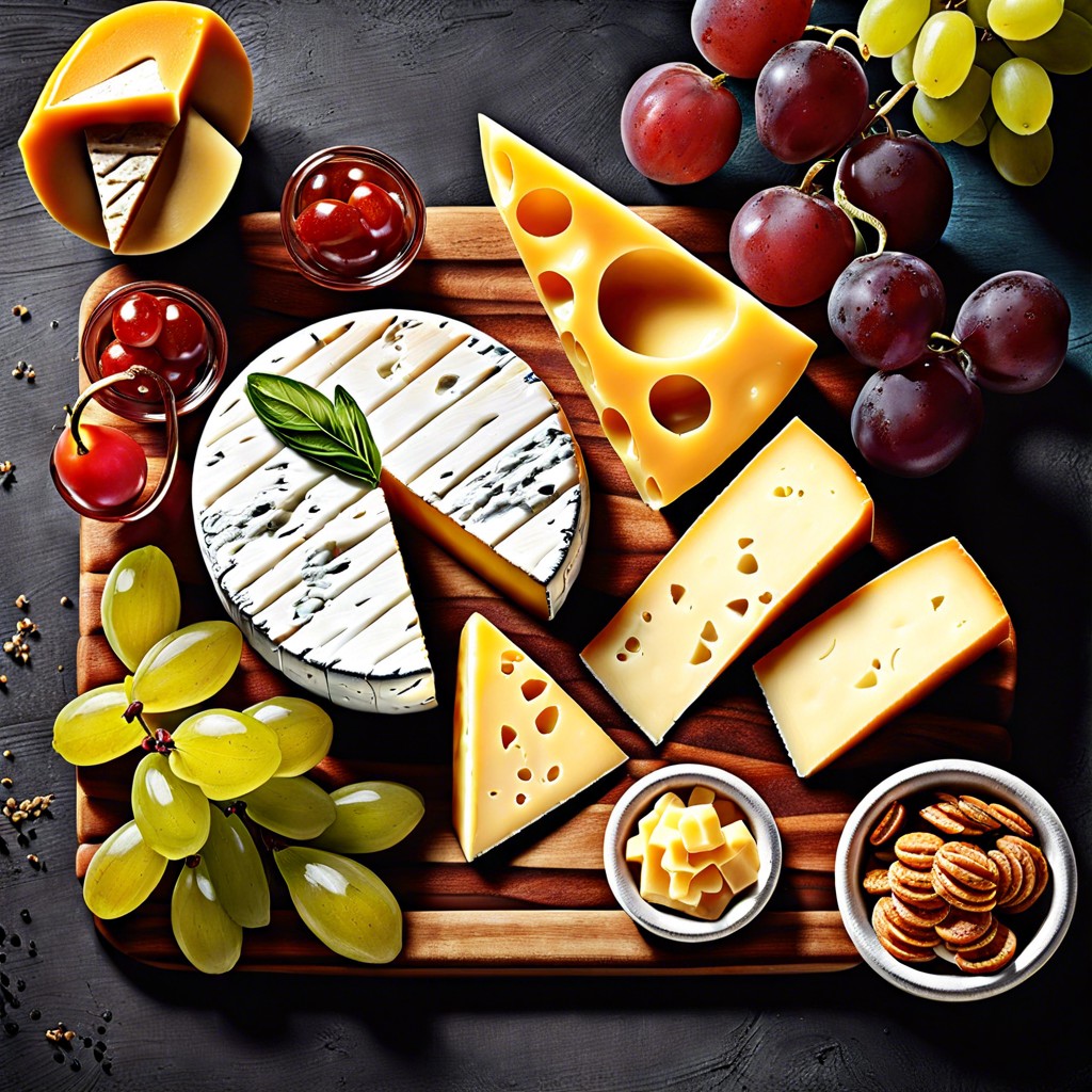 cheese lovers board assorted cheeses honey nuts grapes