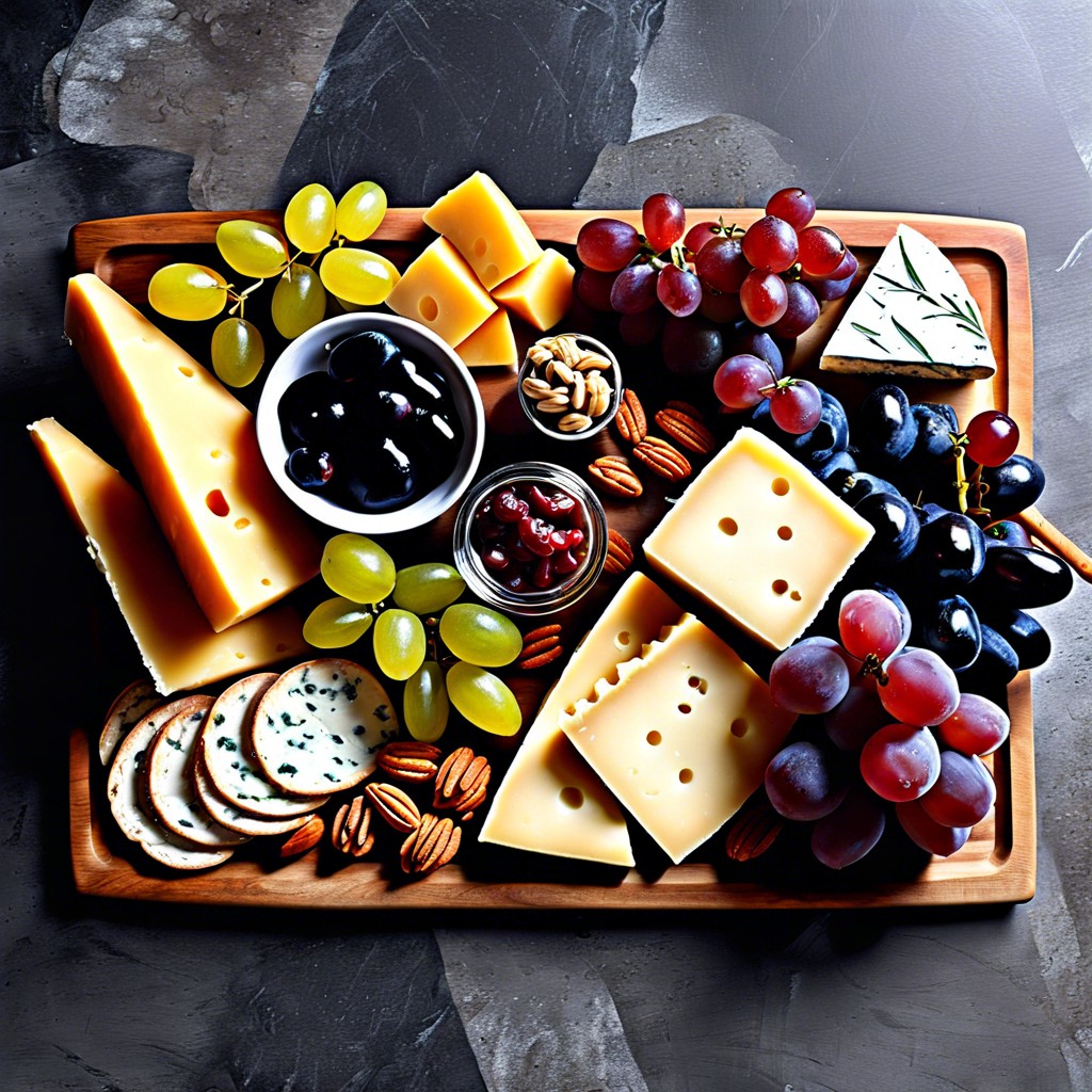 cheese lovers board blue cheese cheddar gouda grapes walnuts