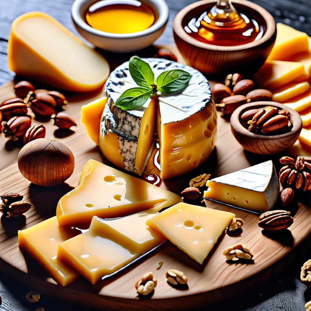 cheese lovers board with assorted cheeses honey nuts