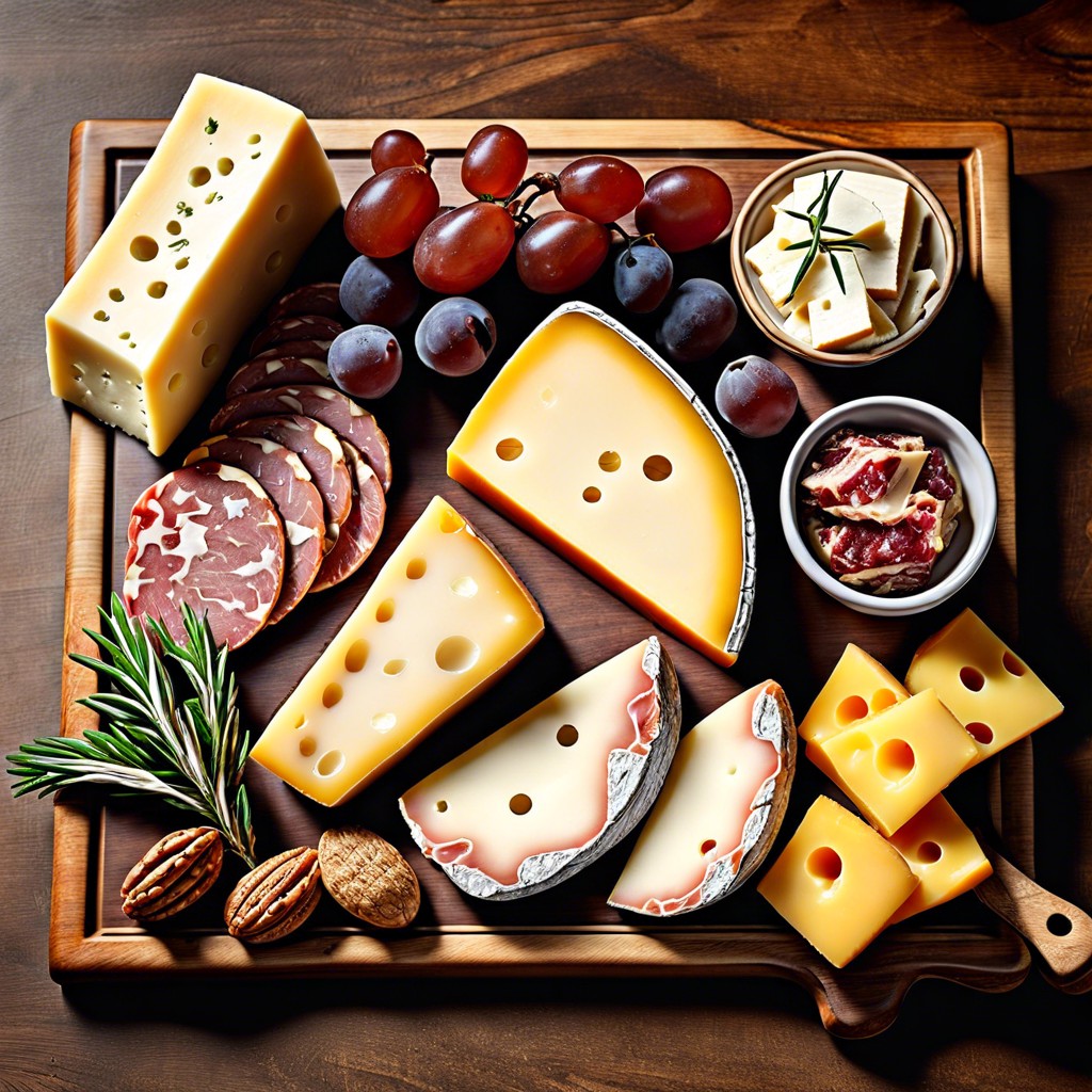 cheese lovers board with different aged cheeses nuts and dried fruits