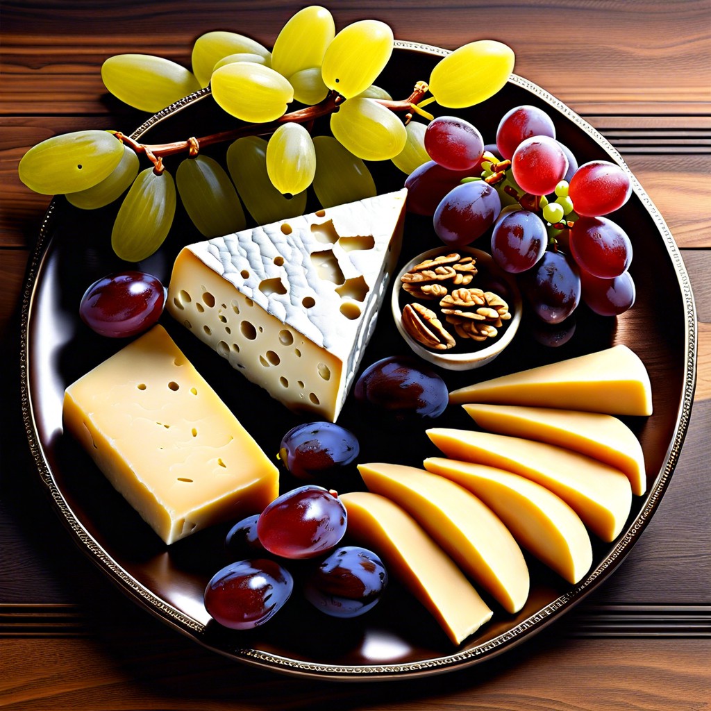cheese lovers platter brie cheddar goat cheese walnuts and grapes