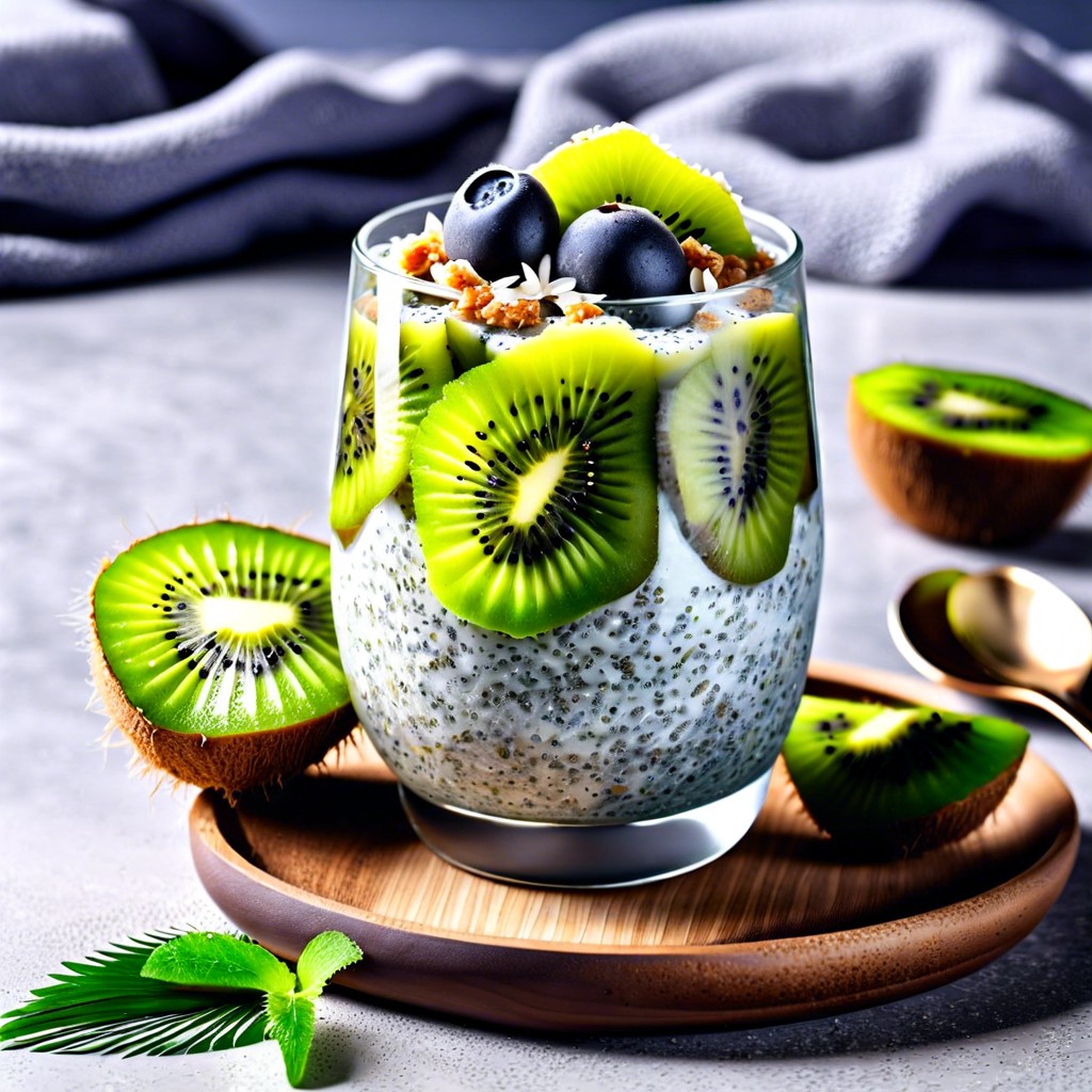 chia pudding topped with kiwi and coconut flakes