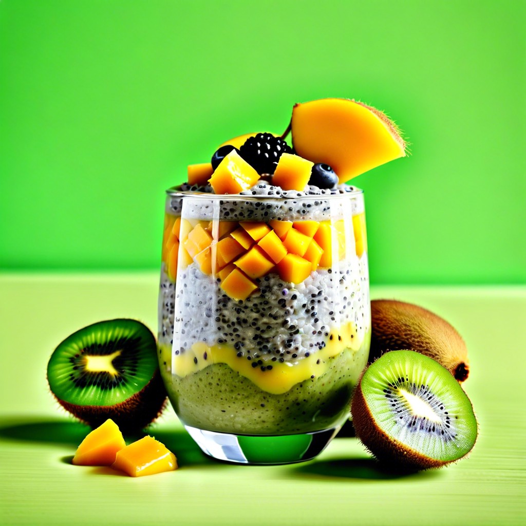 chia pudding topped with kiwi and mango slices