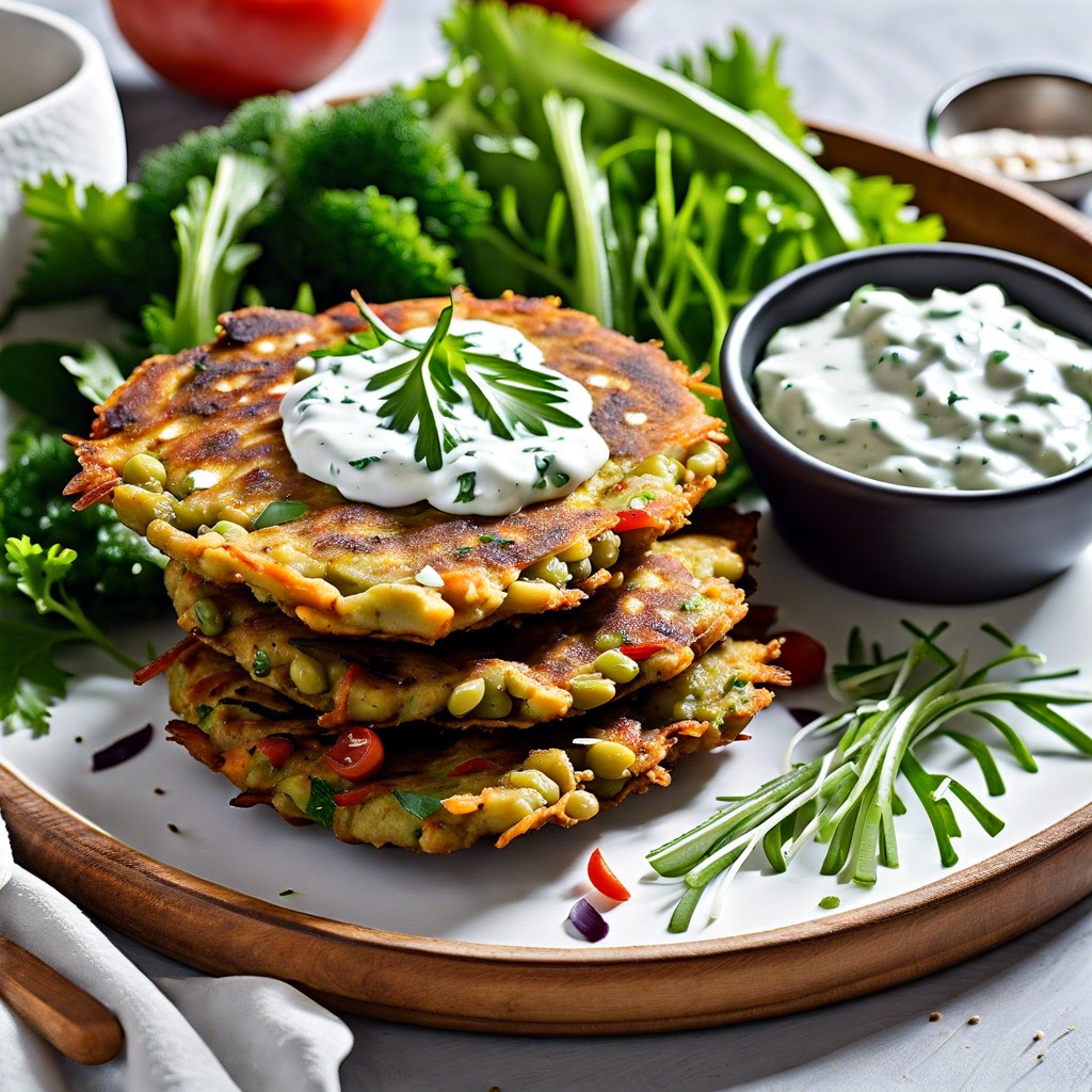 chickpea and vegetable fritters with vegan tzatziki