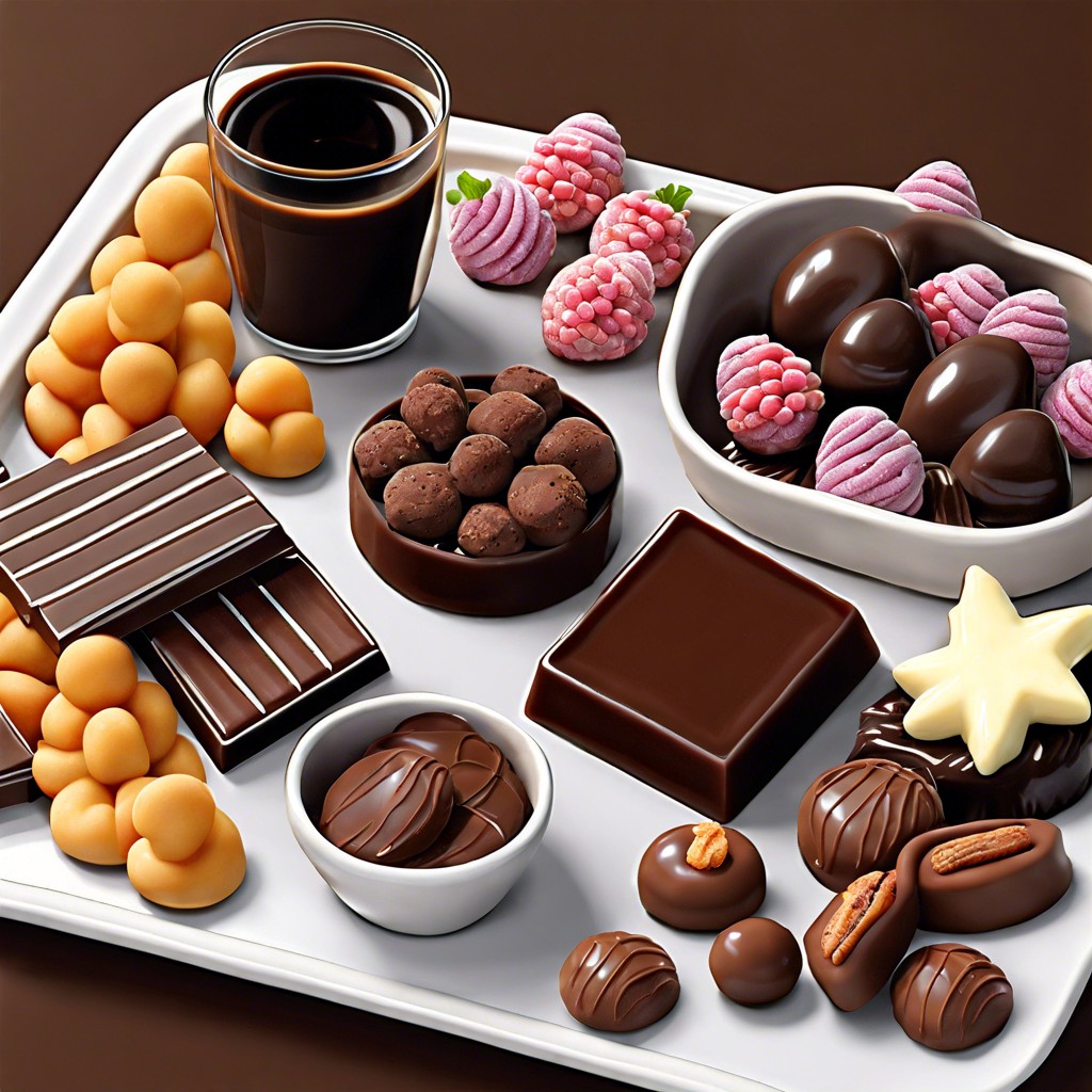 chocoholics dream various chocolates brownies and chocolate dipped fruits