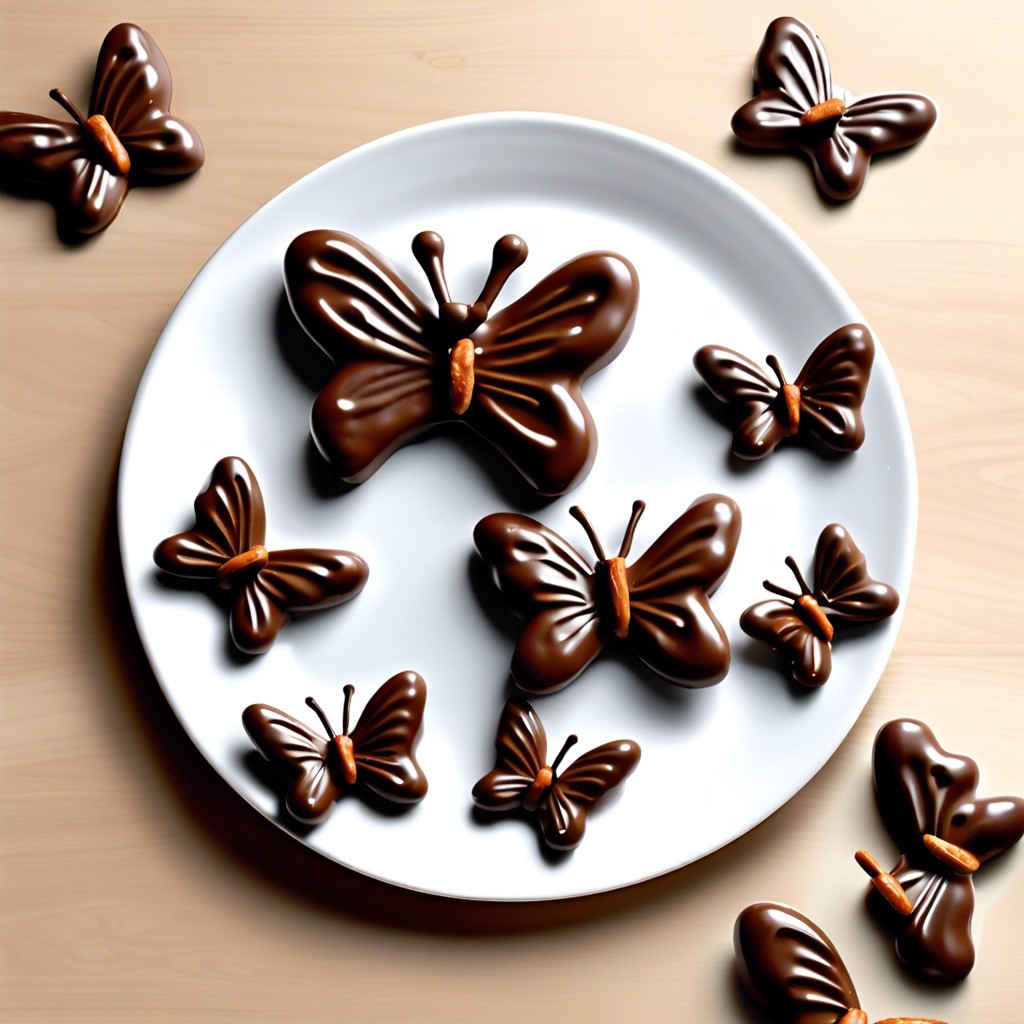 chocolate dipped pretzels shaped into butterflies